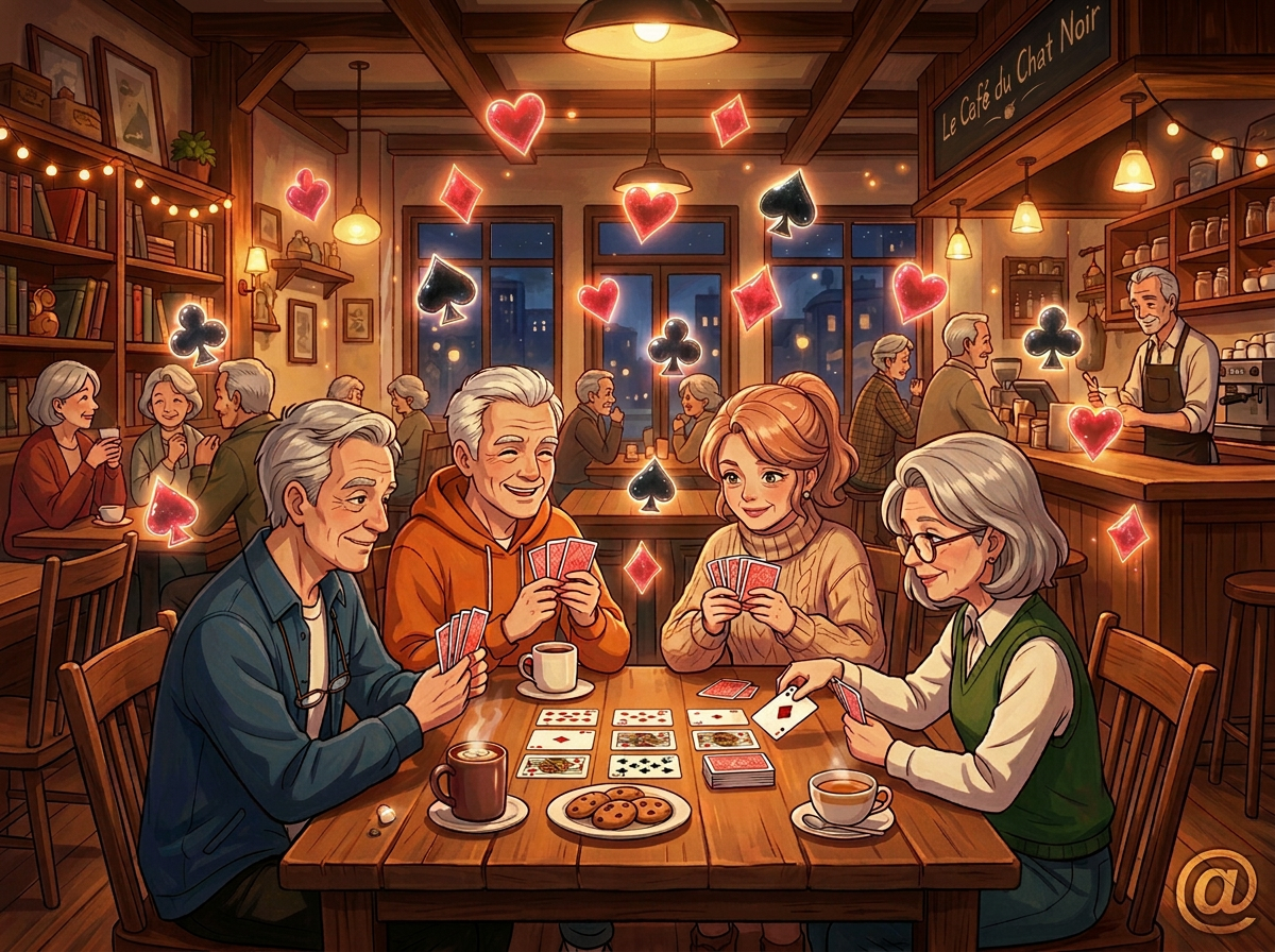 Group of four friends playing cards and drinking coffee in a warm café